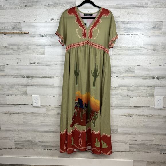 Lucky & Blessed Women's Sage Green Cactus Sunset Print Maxi Dress Size Small - Picture 1 of 12